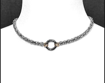Locking Chainmaille Day Collar with Beautiful Embossed Ancient Design Connector Ring with Hex Lock Behind Neck - Gift Boxed