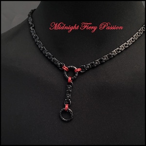 Midnight Fiery Passion Discreet Day Collar and Drop Chain w/Black Stainless Steel Byzantine Chain & Lobster Clasp Behind Neck Gift Boxed image 1