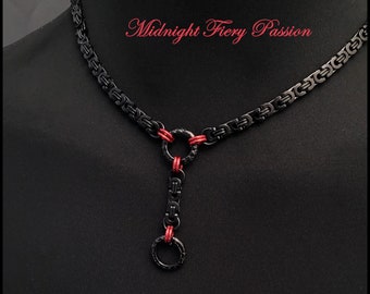 Midnight Fiery Passion Discreet Day Collar and Drop Chain w/Black Stainless Steel Byzantine Chain & Lobster Clasp Behind Neck - Gift Boxed