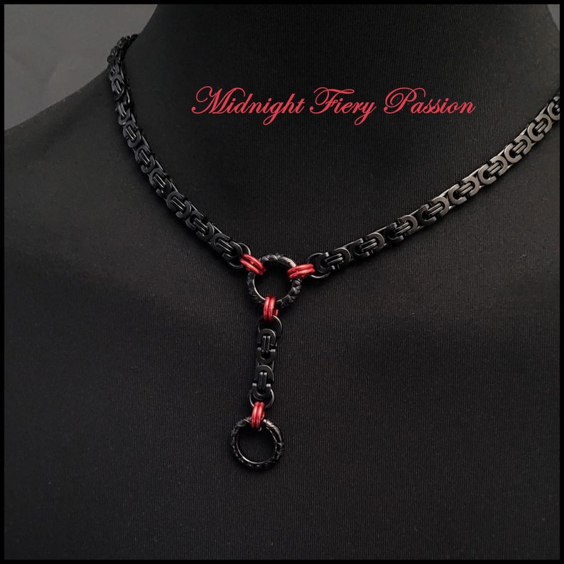 Midnight Fiery Passion Discreet Day Collar and Drop Chain w/Black Stainless Steel Byzantine Chain & Lobster Clasp Behind Neck Gift Boxed image 1
