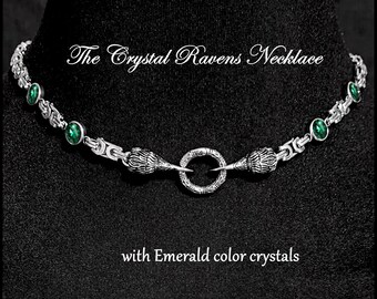 The Crystal Ravens Companion Necklace with Polished Low Profile Byzantine Chain and Your Choice of 6 Different Crystal Colors - Gift Boxed