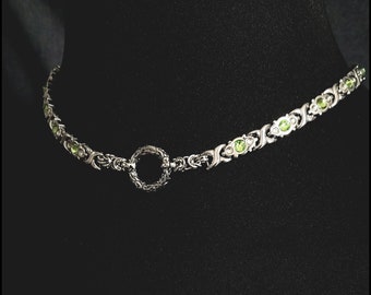 Fiery Passion Discreet Day Collar With Solid Ribbon Link Necklace W/Light Green and Clear Faceted Crystals - Gift Boxed