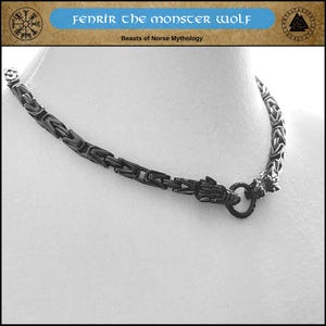 Black Guardian Wolves W/Black 8mm Borobudur Byzantine Chain Necklace with 2 Spring Ring Connectors and Lobster Clasp Behind Neck