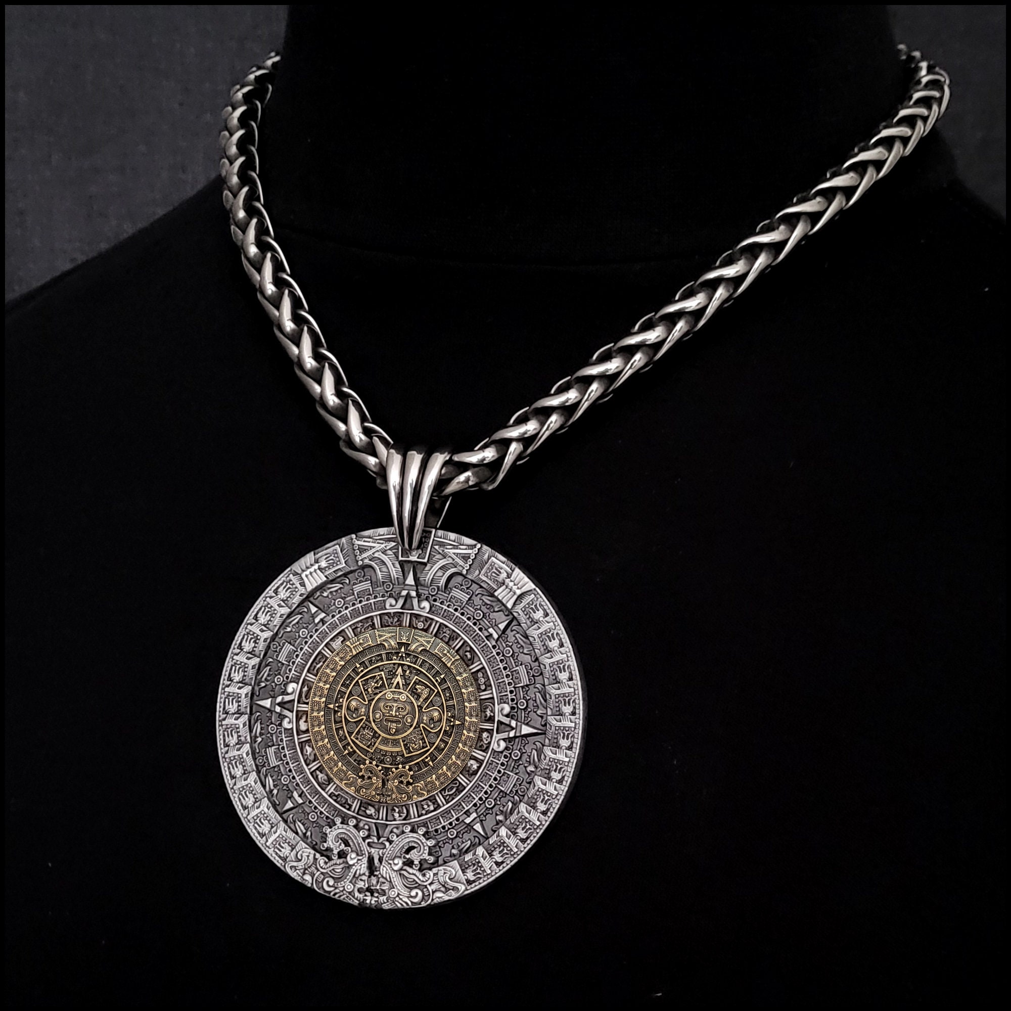 Huge 3" 76mm Aztec Calendar Stone Medallion with Antique Bronze Centerpiece On Extra Thick Antique Finish Braided Chain - Gift Boxed