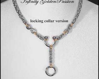 Infinity Golden Passion Locking Collar with Drop Chain w/Polished Classic Round Byzantine Chainmaille Chain - Gift Boxed