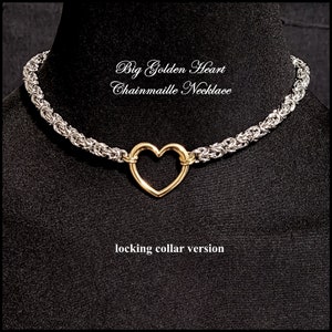 Big Golden Heart Chainmaille Day Collar with Hex Lock Behind Neck - All Stainless Steel - Gift Boxed