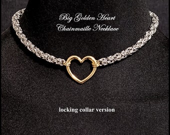 Big Golden Heart Chainmaille Day Collar with Hex Lock Behind Neck - All Stainless Steel - Gift Boxed