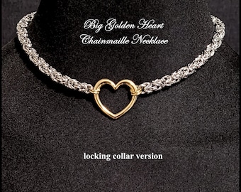 Big Golden Heart Chainmaille Day Collar with Hex Lock Behind Neck - All Stainless Steel - Gift Boxed