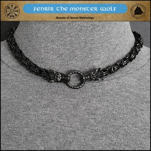 Black Guardian Wolves W/Black 8mm Byzantine Chain Necklace with 2 Spring Ring Connectors - Order With or Without Clasp Behind Neck