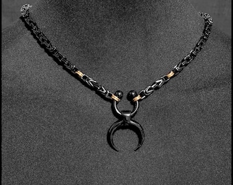 Warlock's Delight Golden Passion Discreet Day Collar with Black Stainless Steel Byzantine Chain with Lobster Clasp Behind Neck