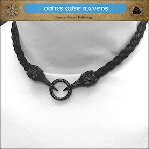 Odin&#39;s Ravens in Black Finish on Tribal Braid Leather Cord Necklace with Lobster Clasp Behind Neck - Gift Boxed