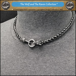 Companion Wolf and Raven Necklace with Antique Silver Finish Viking Braid Chain With Clasp Behind The Neck - Gift Boxed