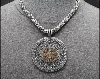 Huge 3&quot; 76mm Aztec Calendar Stone Medallion with Antique Bronze Centerpiece On 8mm Polished Chainmaille Link Necklace Chain - Gift Boxed