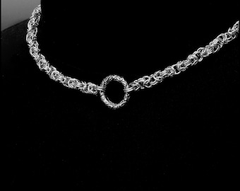 Discreet Chainmaille Link Day Collar with Beautiful Embossed Ancient Design Connector Ring - Order Collar or Necklace Length - Gift Boxed