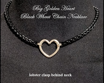 Big Golden Heart Black Wheat Chain Day Collar with Lobster Clasp Behind Neck - All Stainless Steel - Gift Boxed