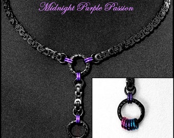 Midnight Purple Passion Discreet Day Collar and Drop Chain with Bi-Pride Colored Rings at Bottom - Gift Boxed