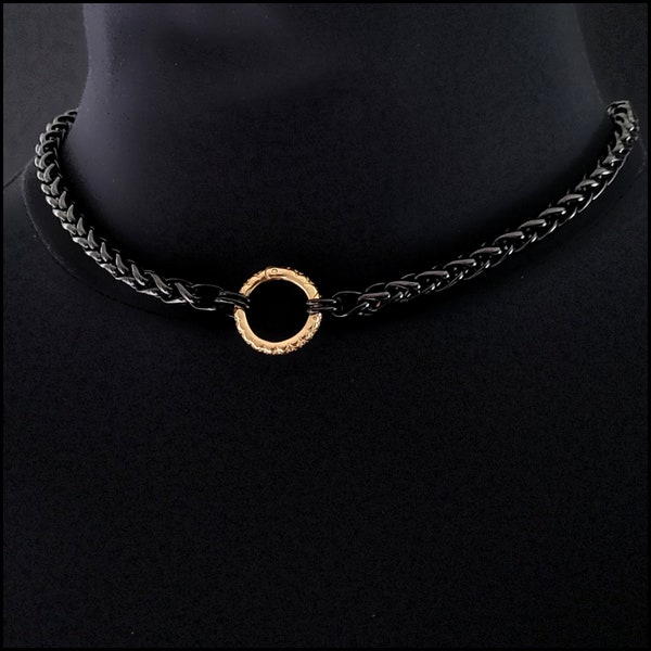 Black Finish Stainless Steel Wheat Braid Design Day Collar with Gold Finish Connector Ring With or Without Clasp Behind Neck