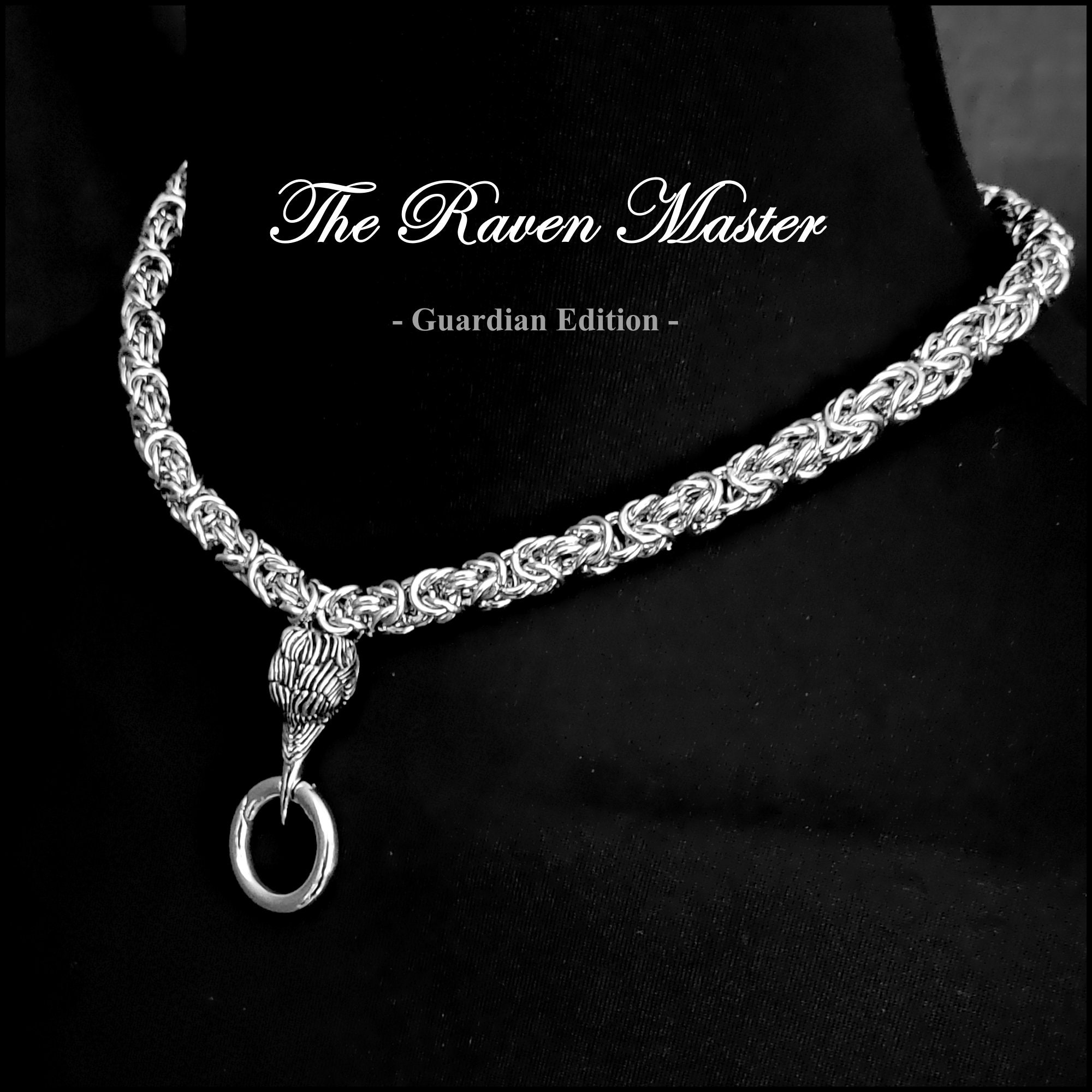 The Raven Master Guardian Locking Collar with Thick 8mm Chainmaille Necklace with 2 Different Connector Rings - Gift Boxed
