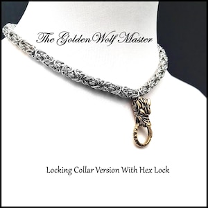 The Golden Wolf Master Guardian Locking Collar with Thick 8mm Chainmaille Necklace with Hex Lock - Gift Boxed