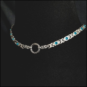 Fiery Passion Discreet Day Collar With Solid Ribbon Link Necklace w/Zircon Blue Center Crystals