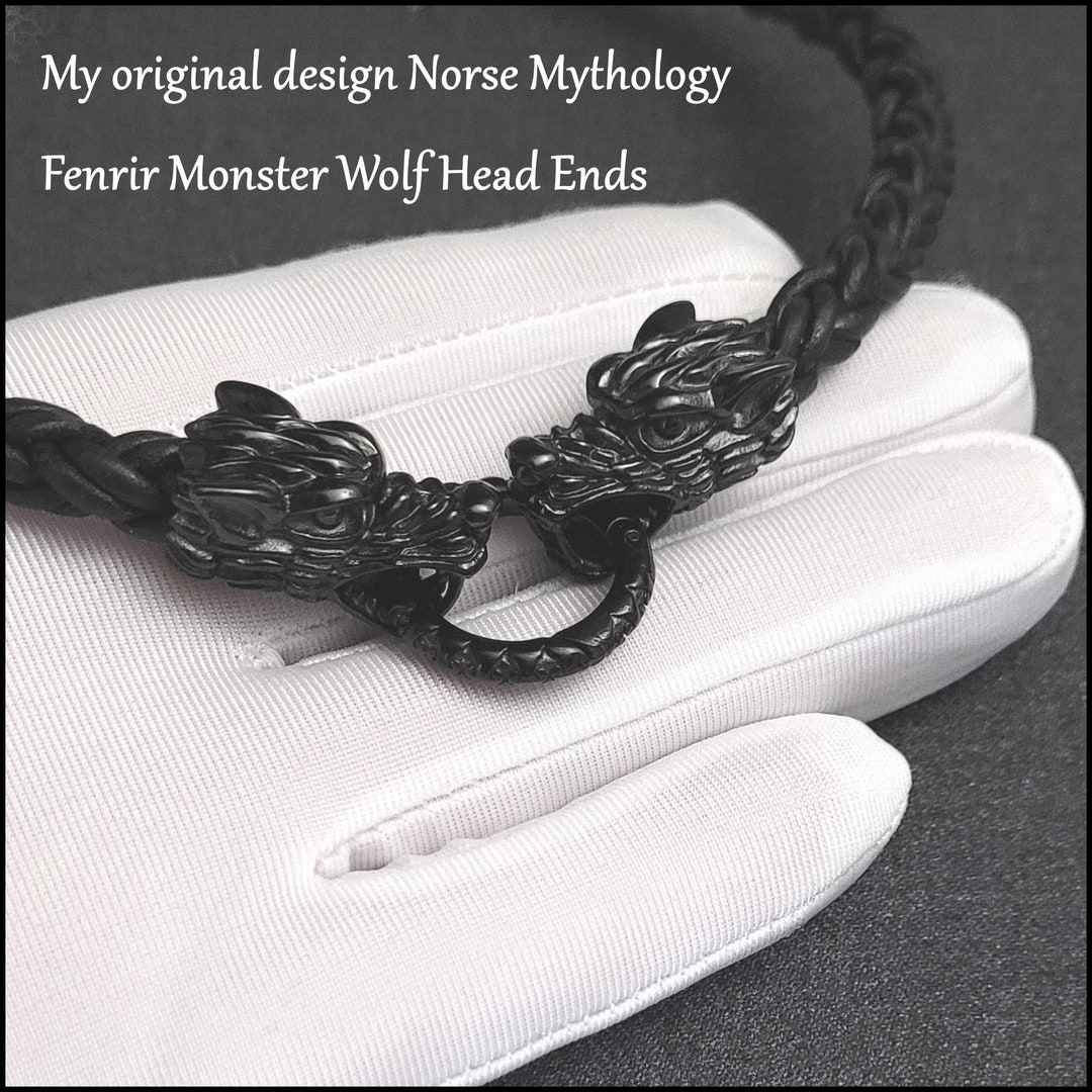 Braided Leather Necklace with Bronze Ferocious Wolf Heads