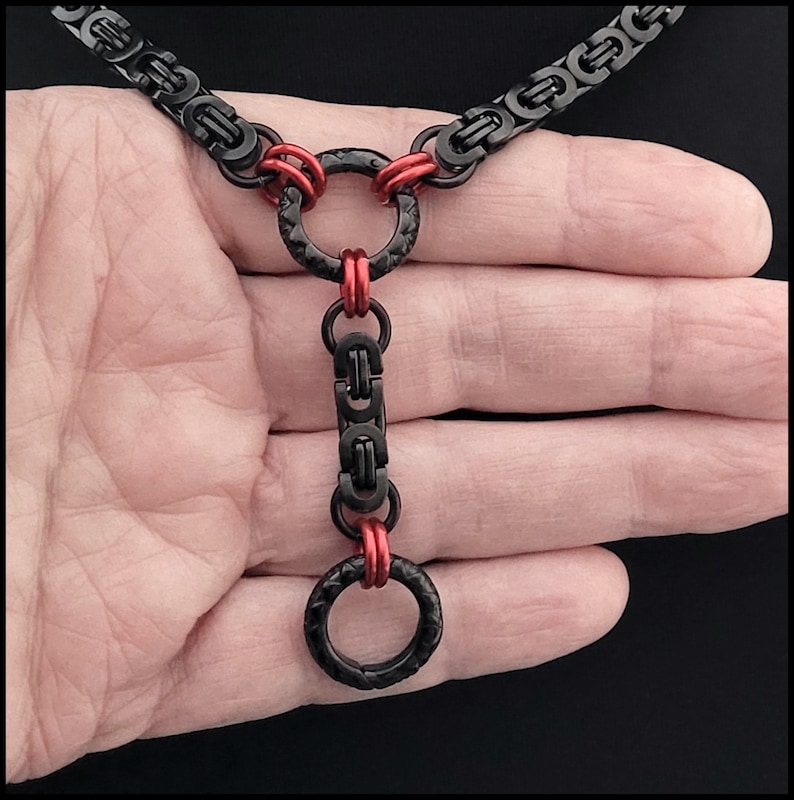 Midnight Fiery Passion Discreet Day Collar and Drop Chain w/Black Stainless Steel Byzantine Chain & Lobster Clasp Behind Neck Gift Boxed image 2