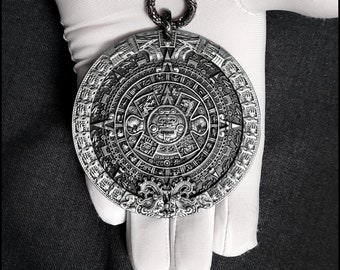 Huge 3&quot; 76mm Aztec Calendar Stone Medallion With 2 Spring Ring Connector - Gift Boxed with Story Card