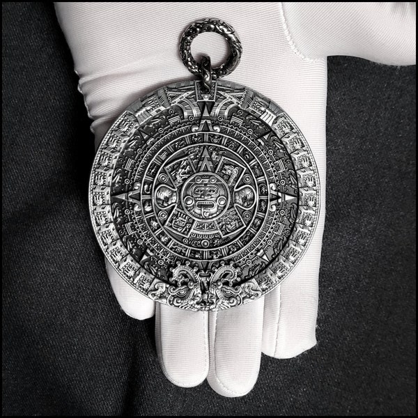 Huge 3" 76mm Aztec Calendar Stone Medallion With 2 Spring Ring Connector - Gift Boxed with Story Card