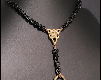 Midnight Golden Passion Discreet Day Collar and Drop Chain with Triquetra Love Knot - Two Behind The Neck Clasp Options - Gift Boxed