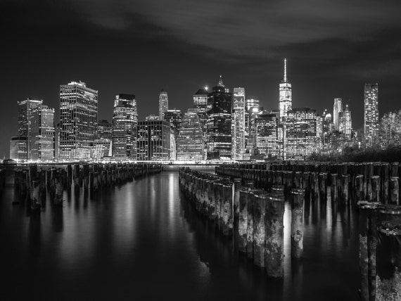 New York City Skyline Night Photography Black And White Nyc Art Large Wall Art Manhattan Cityscape One World Trade Center