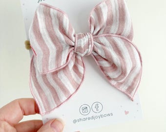 Pink Stripe Baby Hair Bow | Blush Striped Bow on Nylon Headband or Alligator Clip | Toddler Girl Hair Accessory | Spring Easter Bow