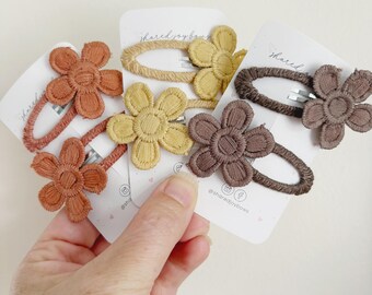 Neutral Daisy Snap Clips | Boho Flower Hair Clips | Toddler Girl Hair Accessories | Baby Snap Barrette Set | Mustard Brown Hair Clip