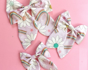 Classic Hair Bows | Large Bow | Back to School Hair Bow | Floral Rainbow Hair Bow | Hand Tied Bow | Kids Hair Clip | Large Classic Bow