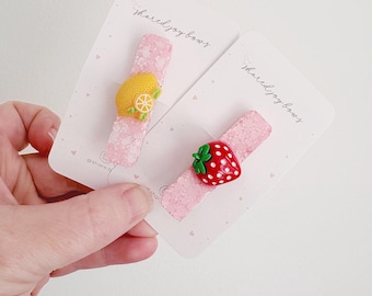 Strawberry Lemon Hair Clips Set – Pink Glitter Fruit Snap Clips for Girls Toddlers – Cute Summer Hair Barrettes Handmade Kids Accessories