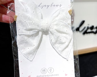 White Lace Baby Bow | Classic Eyelet Bow | Baptism Bow | Neutral Baby Headband | Elegant Baby Girl Hair Bow