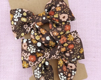Fall Floral Pigtail Hair Bow Set | Autumn Wildflower Bows | Brown Floral Hair Bows | Girls Pigtail Bows | Fall Hair Accessories