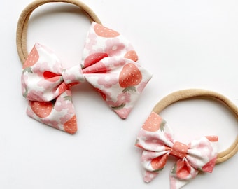 Classic Hair Bows | Large Bows | Summer Hair Bows | Strawberry  Print Hair Bow | Hand Tied Bow | Kids Hair Clips | Large Classic Twist Bow