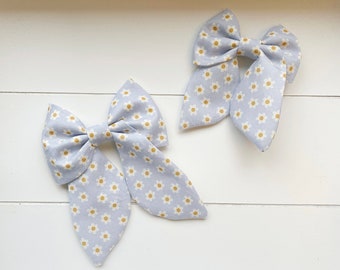 Spring Hair Bows | Large Bows | Blue Daisy Floral Bow | Hand Tied Bow | Kids Hair Clips | Classic Twist Bow | Easter Basket | Floral Bow