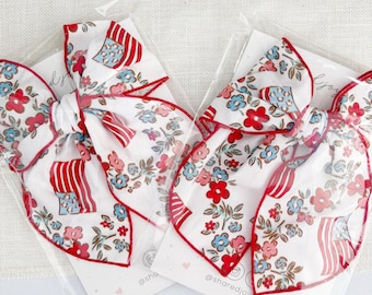 Patriotic Floral Hair Bow | Red White Blue Flag Bow for Girls | Fourth of July Hair Bow | Americana Boutique Bow