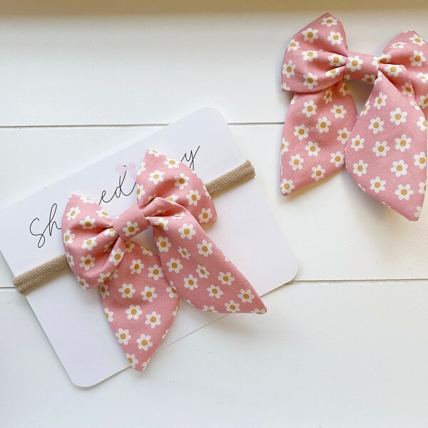 Summer Hair Bows | Large Bows | Daisy Pink Floral Bow | Hand Tied Bow | Kids Hair Clips | Classic Twist Bow | Easter Basket | Floral Bow