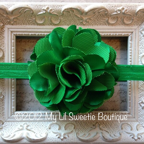 Emerald green silk and tulle flower puff headband - baby girl headband - newborn headband- toddler - adult - St Patrick's Day