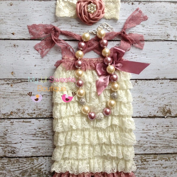 Original ivory and Rose Lace Petti Romper set- Newborn outfit- Baby Girl outfit- Toddler outfit- 1st birthday outfit