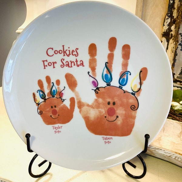 Reindeer Handprint Ceramic Keepsake Plates and Platters_Baby's First Christmas. Cookies for Santa Plate. Inkless Print Kit.