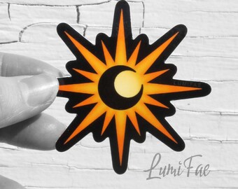 Moon Sun Sticker, glossy, 2.5”, black outline, Lune Soleil, Eclipse, Crescent Moon Sunburst