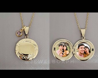 Photo locket necklace, Gold Round Stainless Locket Necklace