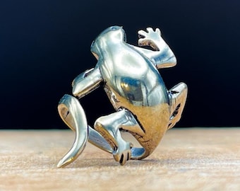Puede incluir: Una figura de rana plateada en pose de salto. La rana es muy detallada, con textura de piel visible y extremidades bien definidas. La figura está sobre un fondo azul oscuro y descansa sobre una superficie marrón claro.