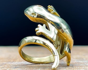 Adjustable Lizard Wrap Ring - Brass Animal Ring, Reptile Statement, One Size Fits All