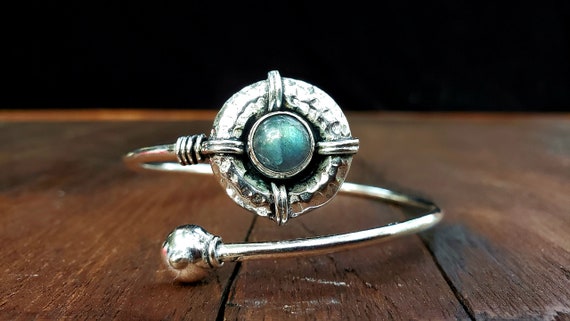 Silver labadorite Shield Adjustable Bangle Bracel… - image 1