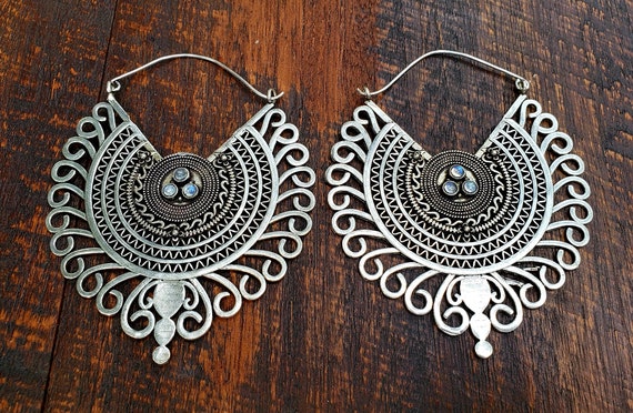 Silver Empress Moonstone Statement Hoop Earrings