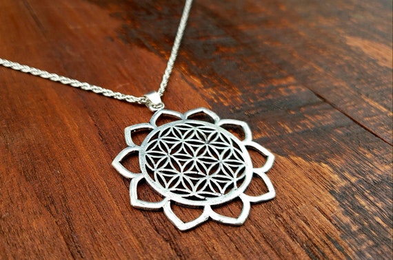 Silver Lotus Flower of Life Sacred Geometry Penda… - image 2